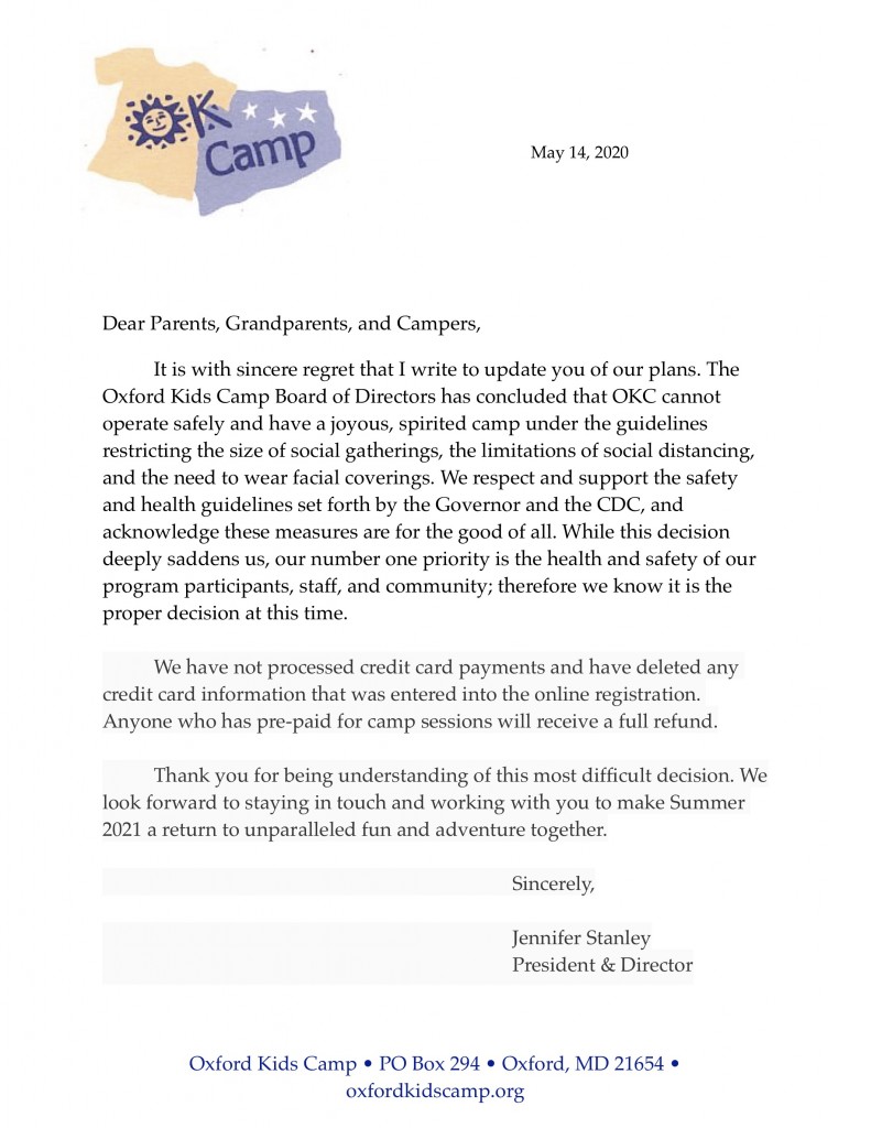 parent letter cancel camp'20